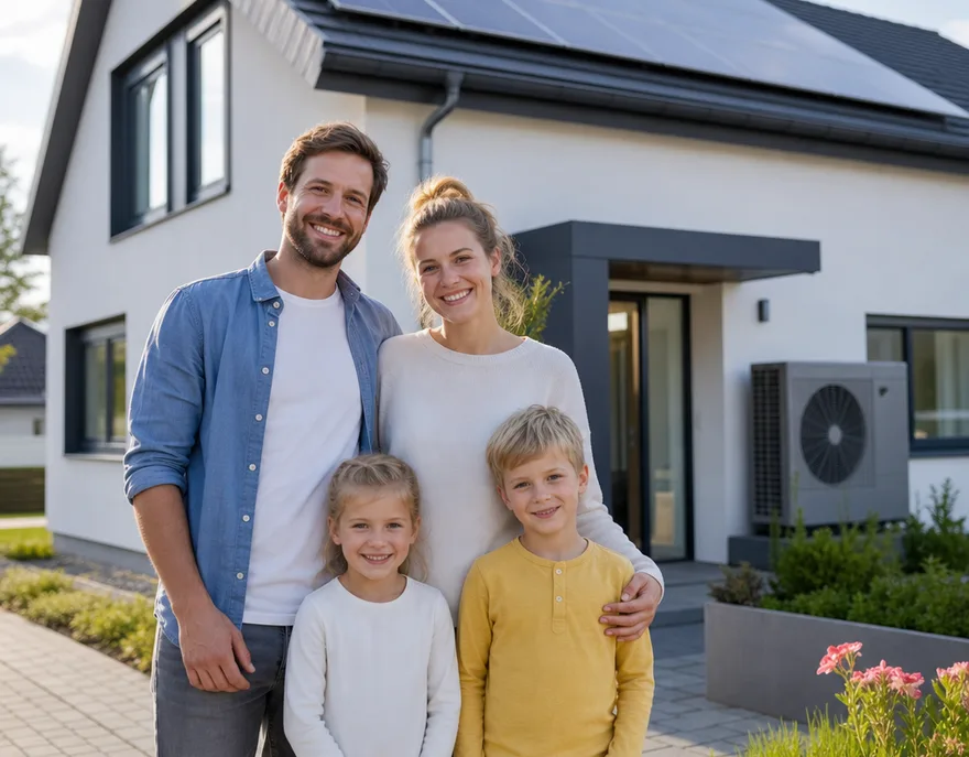 Energy-efficient new build: family uses solar power and a heat pump Young family with two children in front of their new energy-efficient prefab house with photovoltaics on the roof and a heat pump by the entrance