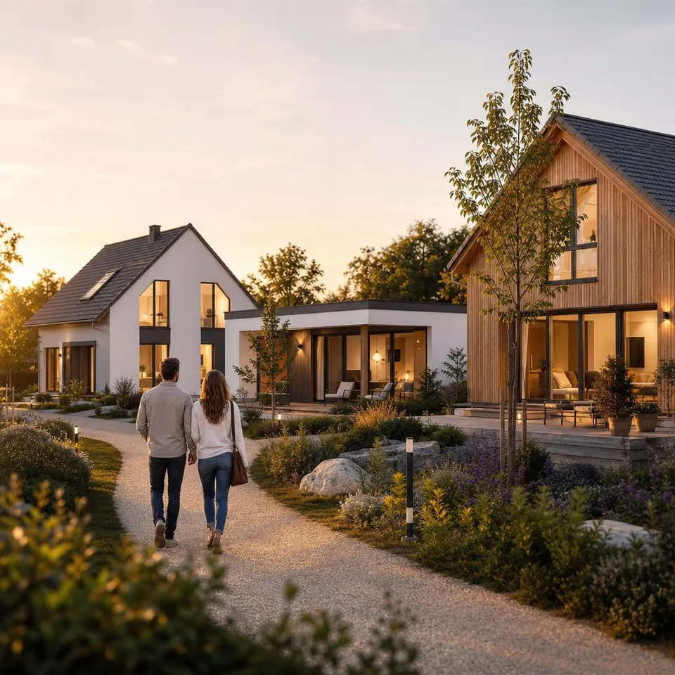 Compare German prefab manufacturers: show homes from different providers Show-home park with modern prefab houses from different German manufacturers – detached family house, bungalow and timber house in the evening light