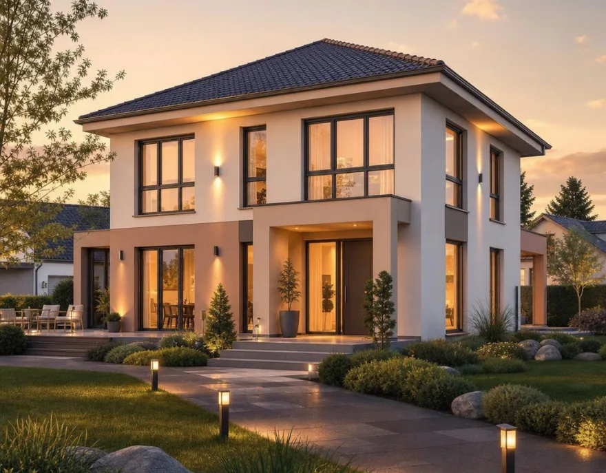 City villa in prefab construction: two storeys, clean lines Elegant prefab city villa (Stadtvilla) with a hipped roof, two full storeys and large glazed fronts at dusk