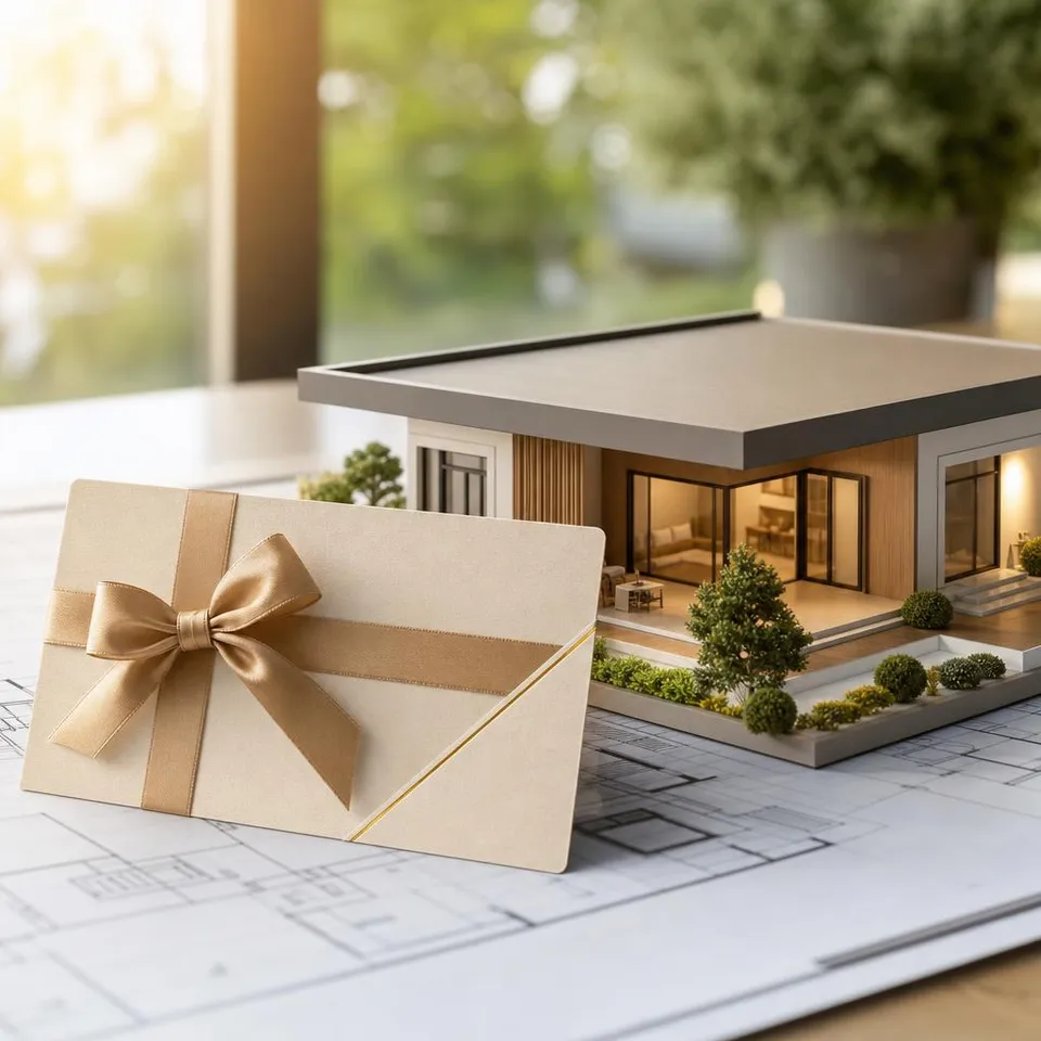 Voucher next to a bungalow model house and floor plan – planning voucher for a bungalow and detached family house Voucher next to a bungalow model house and floor plan – planning voucher for a bungalow and detached family house