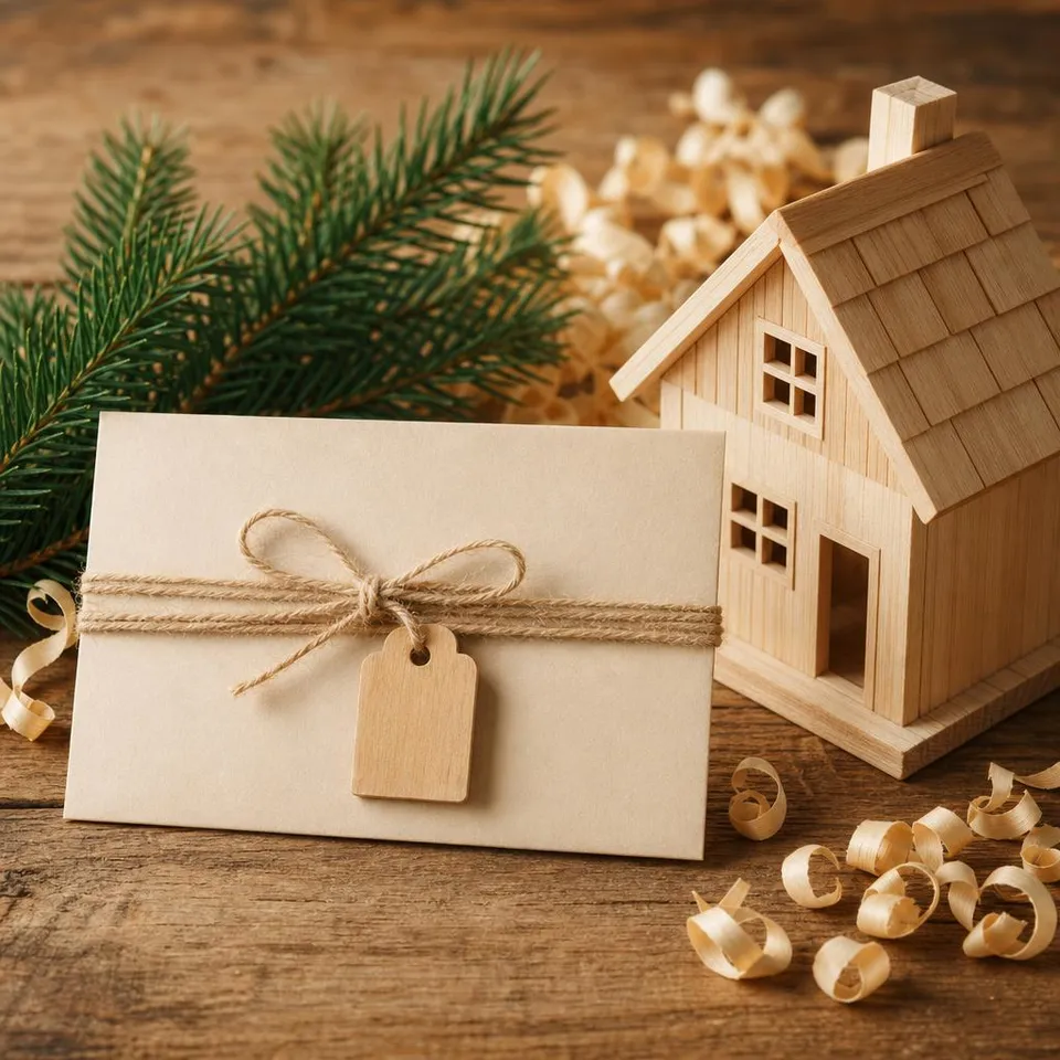 Voucher with natural twine next to a light-timber house model – fit-out voucher for a timber prefab house Voucher with natural twine next to a light-timber house model – fit-out voucher for a timber prefab house