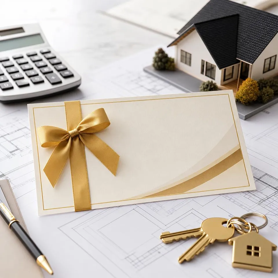Voucher on a cost plan with a calculator, house keys and a model house – voucher for cost and budget consulting for a prefab house Voucher on a cost plan with a calculator, house keys and a model house – voucher for cost and budget consulting for a prefab house
