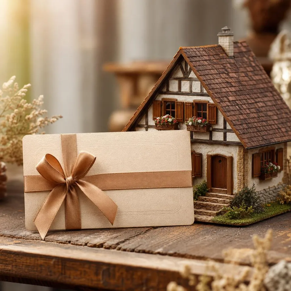 Voucher with a ribbon next to a country-style model house with shutters and flower boxes – style voucher for a country-style prefab house Voucher with a ribbon next to a country-style model house with shutters and flower boxes – style voucher for a country-style prefab house