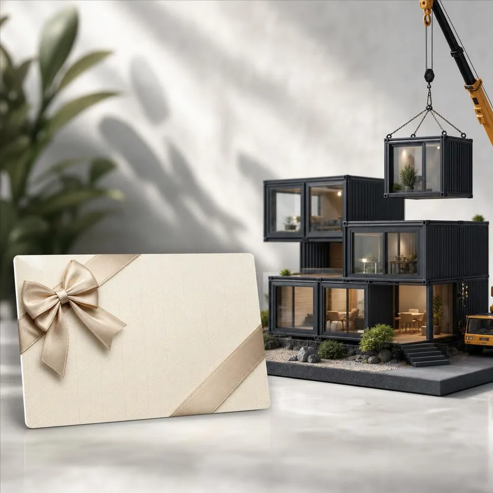 Voucher next to a model of a modern modular house with cubic modules – consulting voucher for a modular and container house Voucher next to a model of a modern modular house with cubic modules – consulting voucher for a modular and container house