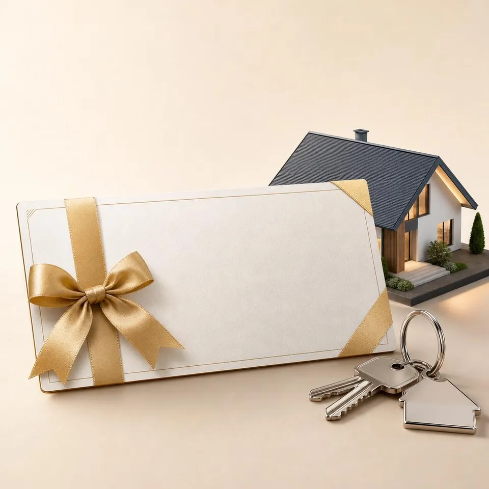 Voucher with a golden ribbon next to a model house and house keys – discount for a turnkey prefab house Voucher with a golden ribbon next to a model house and house keys – discount for a turnkey prefab house
