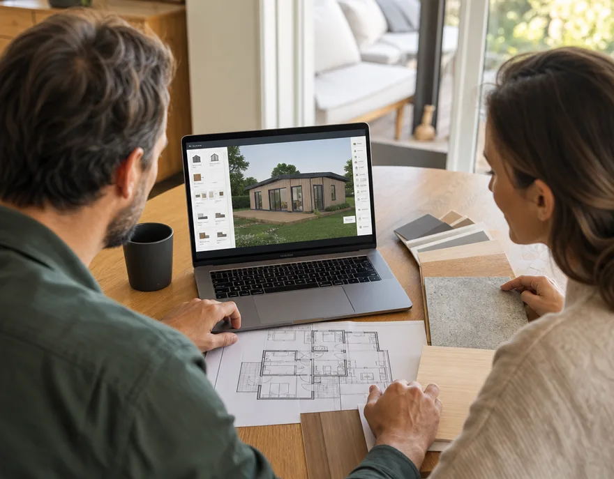 House planning in the configurator: choosing floor plan and materials Couple planning their prefab house at the dining table: 3D configurator on a laptop, printed floor plans and timber material samples