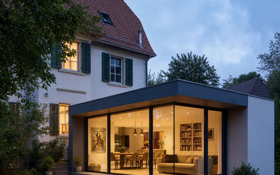Modern flat-roof extension with a wide glass front extends an existing house towards the garden – modular extension with plannable costs 2026 Modern flat-roof extension with a wide glass front extends an existing house towards the garden – modular extension with plannable costs 2026
