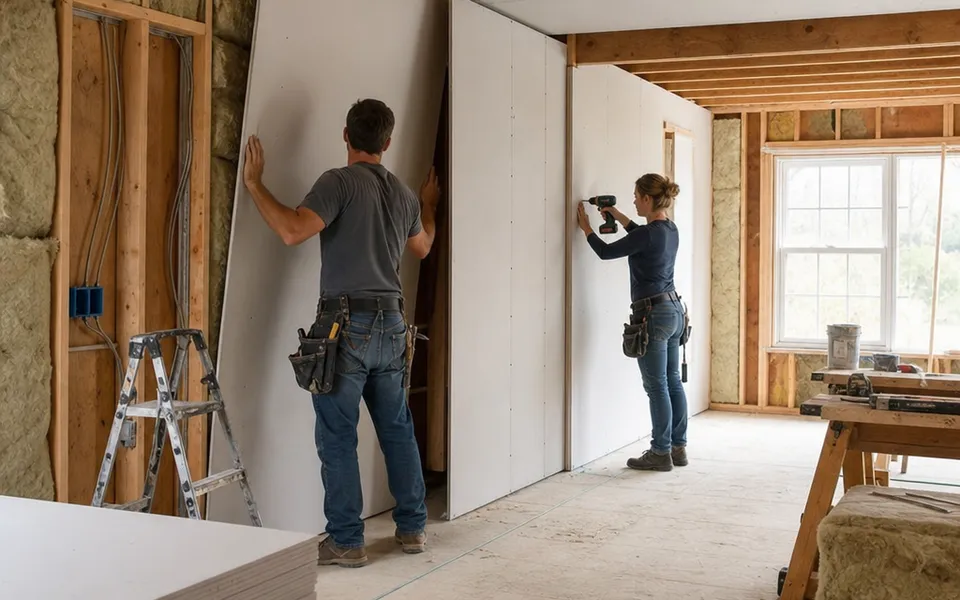 Homebuilder couple installing drywall panels in the shell of their own shell-finished house – lowering construction costs through own labour 2026 Homebuilder couple installing drywall panels in the shell of their own shell-finished house – lowering construction costs through own labour 2026