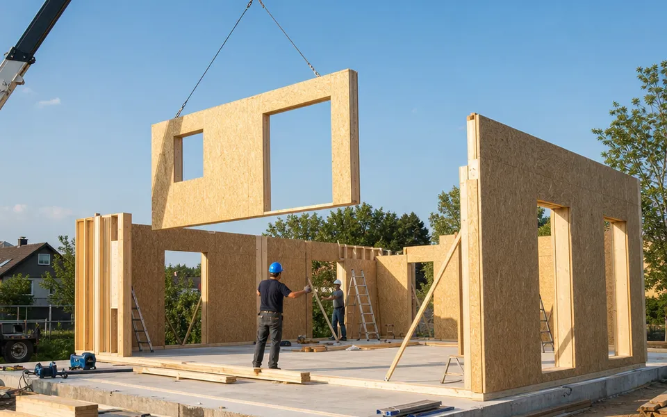 Self-builders placing prefabricated wall elements of a kit house onto the floor slab – the cheapest way into home ownership 2026 Self-builders placing prefabricated wall elements of a kit house onto the floor slab – the cheapest way into home ownership 2026