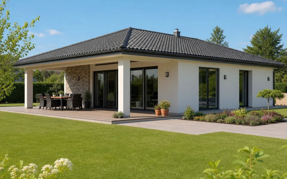 Single-level bungalow with a covered terrace, floor-to-ceiling windows and threshold-free access – barrier-free new build 2026 Single-level bungalow with a covered terrace, floor-to-ceiling windows and threshold-free access – barrier-free new build 2026