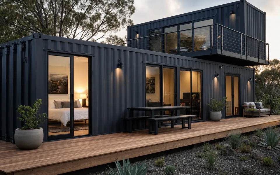 Container house with an anthracite corrugated-metal facade, a wooden deck and a sliding glass door in an industrial look – costs 2026 Container house with an anthracite corrugated-metal facade, a wooden deck and a sliding glass door in an industrial look – costs 2026