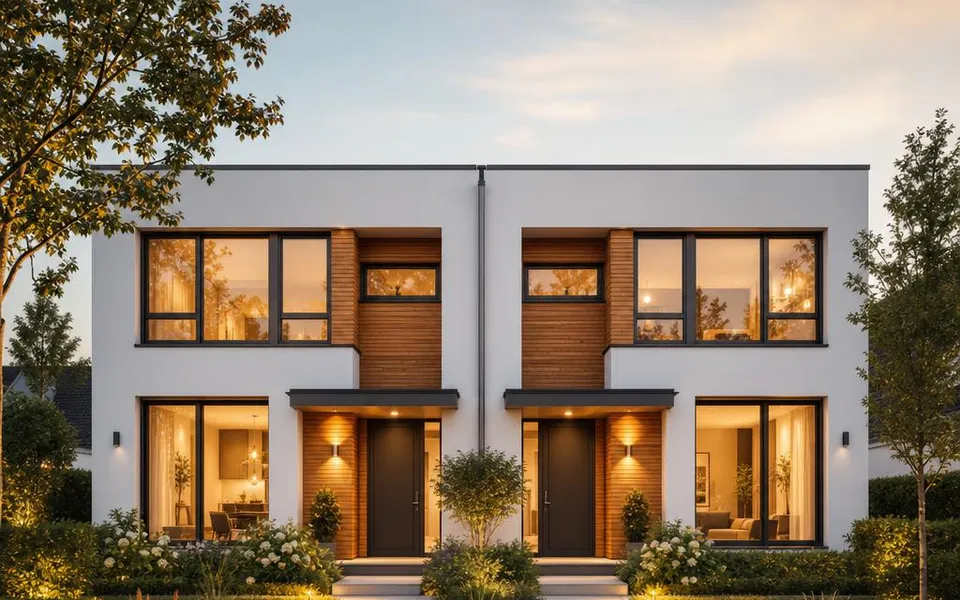 Modern semi-detached house with two mirror-image halves and separate entrances – construction costs per dwelling 2026 Modern semi-detached house with two mirror-image halves and separate entrances – construction costs per dwelling 2026