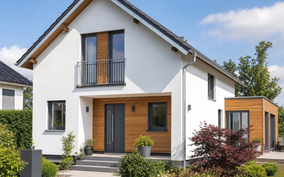 Free-standing detached house with a gable roof, light render and wood accents in a well-kept garden – new-build prices 2026 Free-standing detached house with a gable roof, light render and wood accents in a well-kept garden – new-build prices 2026