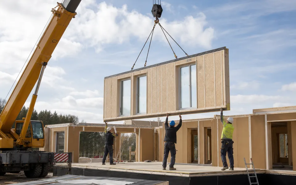 A mobile crane sets a prefabricated wall element onto the shell while fitters align it – prefabricated house assembly in a few days 2026 A mobile crane sets a prefabricated wall element onto the shell while fitters align it – prefabricated house assembly in a few days 2026