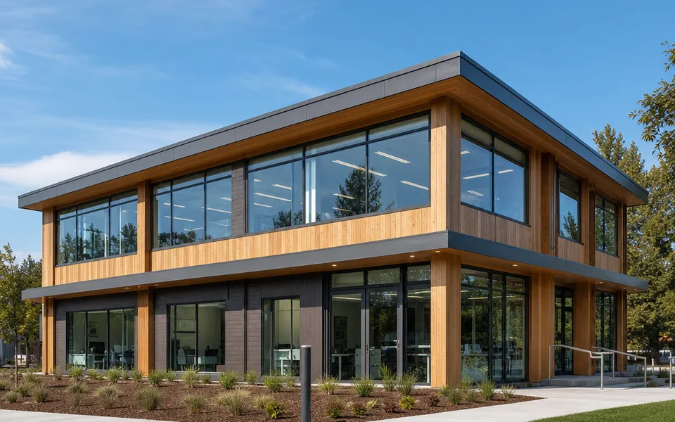 Two-storey office building in timber-hybrid construction with a facade of wood and glass – commercial construction at a fixed price 2026 Two-storey office building in timber-hybrid construction with a facade of wood and glass – commercial construction at a fixed price 2026