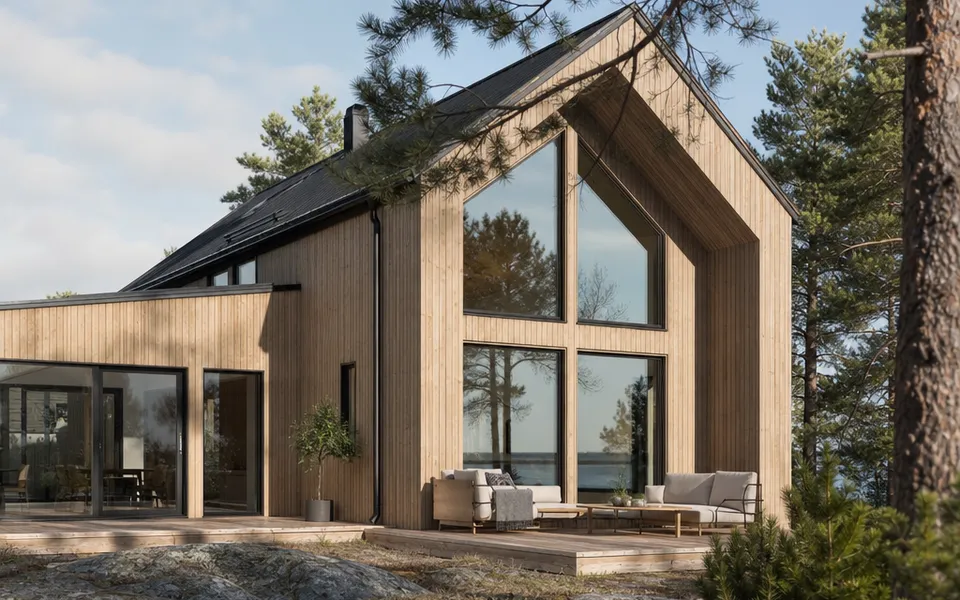 Scandinavian-style timber house with a natural light-wood facade and large windows amid pine trees – timber construction prices per m² 2026 Scandinavian-style timber house with a natural light-wood facade and large windows amid pine trees – timber construction prices per m² 2026