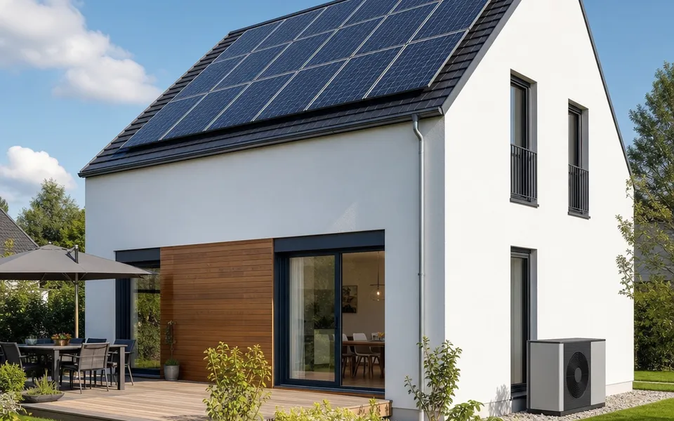 KfW-40 efficiency house with a fully covered photovoltaic roof and a heat pump on the facade – high funding 2026 KfW-40 efficiency house with a fully covered photovoltaic roof and a heat pump on the facade – high funding 2026