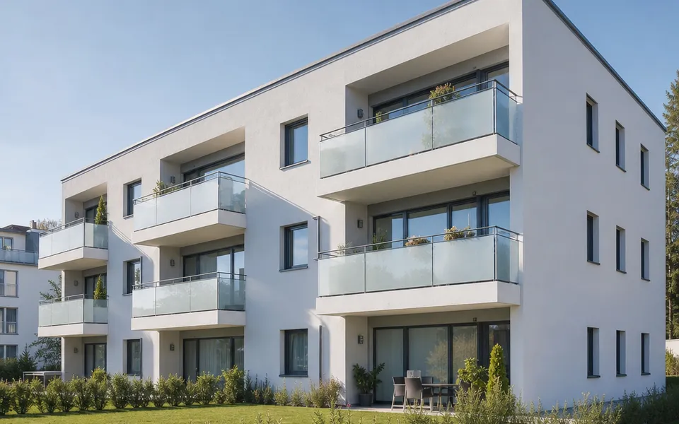 Three-storey new-build apartment building with glass balconies and a light render facade – apartments as an investment 2026 Three-storey new-build apartment building with glass balconies and a light render facade – apartments as an investment 2026