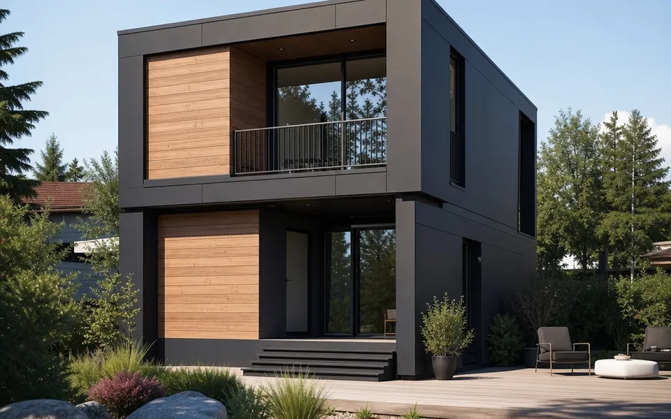 Cubic modular house made of two stacked room modules with a facade in anthracite and wood plus a small garden – modular house prices 2026 Cubic modular house made of two stacked room modules with a facade in anthracite and wood plus a small garden – modular house prices 2026