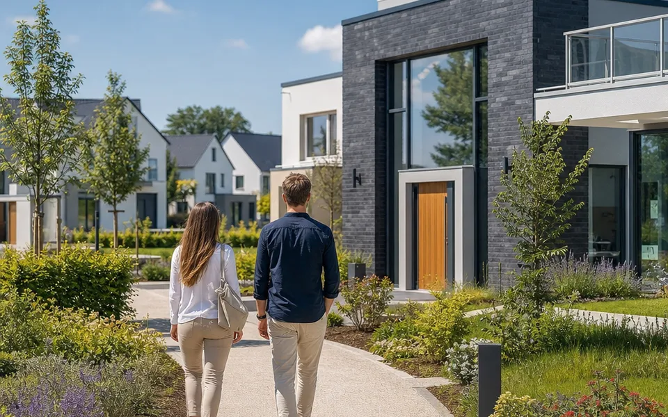 A couple walking towards a modern show home in the show home park – preparing for the show home viewing 2026 A couple walking towards a modern show home in the show home park – preparing for the show home viewing 2026