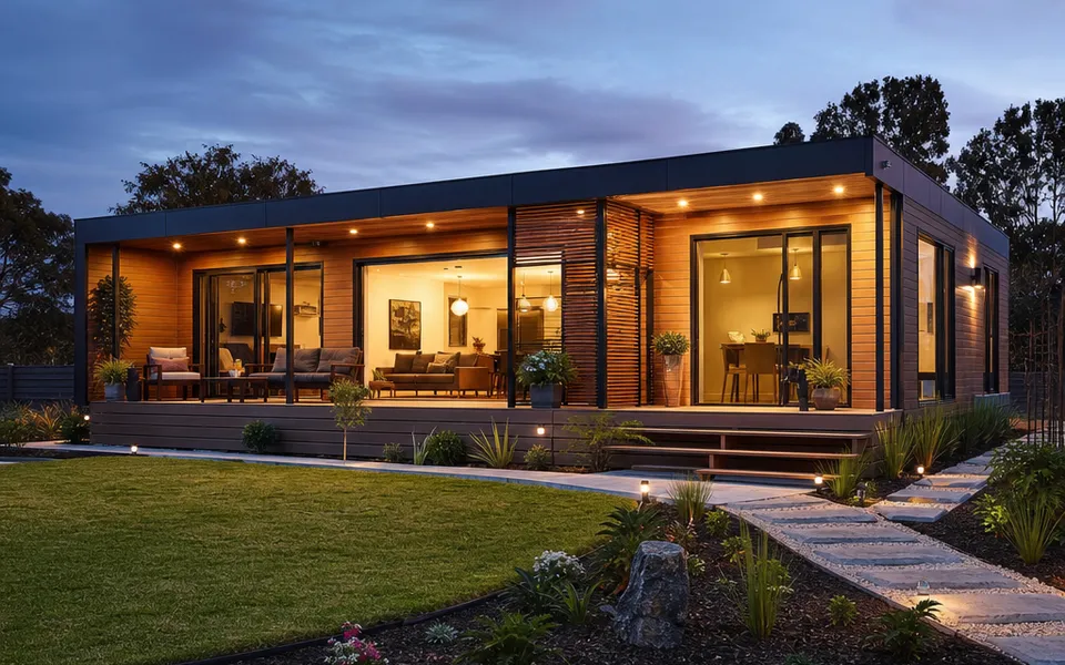 Ready-to-occupy prefabricated house at dusk with a warmly lit glass front and a landscaped garden – turnkey at a fixed price 2026 Ready-to-occupy prefabricated house at dusk with a warmly lit glass front and a landscaped garden – turnkey at a fixed price 2026
