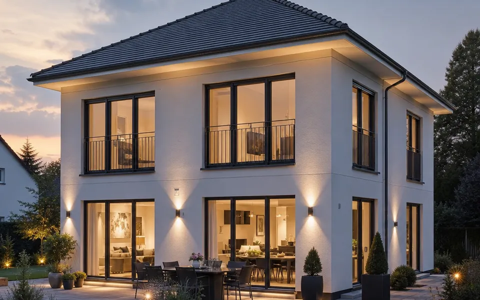 Prestigious city villa with a hipped roof, two full storeys and generous window fronts at dusk – prices 2026 Prestigious city villa with a hipped roof, two full storeys and generous window fronts at dusk – prices 2026