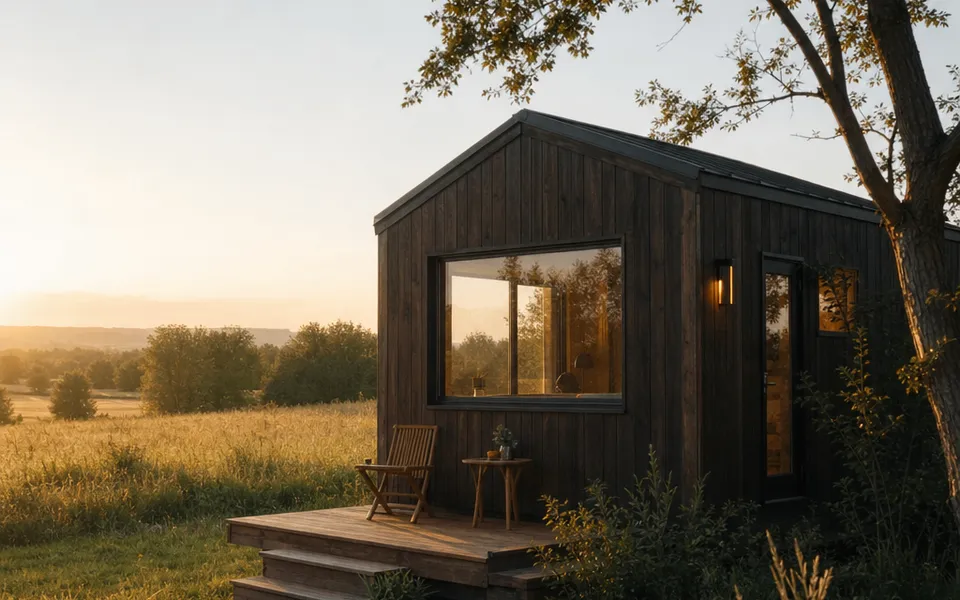 Tiny house with a dark wood facade, a wide window and a small wooden terrace on a meadow – mini house prices 2026 Tiny house with a dark wood facade, a wide window and a small wooden terrace on a meadow – mini house prices 2026