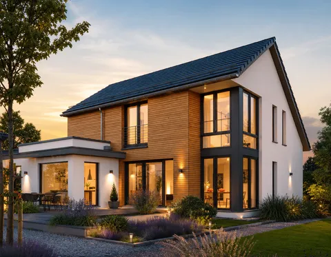 New-build example: modern prefab house in the evening Prefab house with timber and render façade in the evening as an example of a modern new build